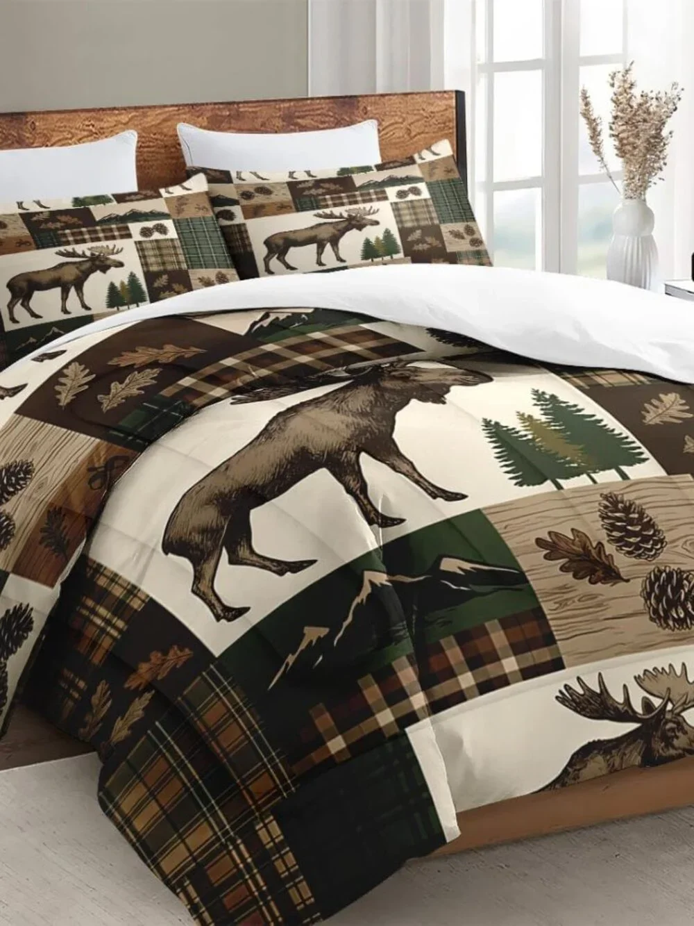 3 Pcs Queen Size Comforter Set with 2 Pillowcases, Moose Rustic Patchwork Soft B